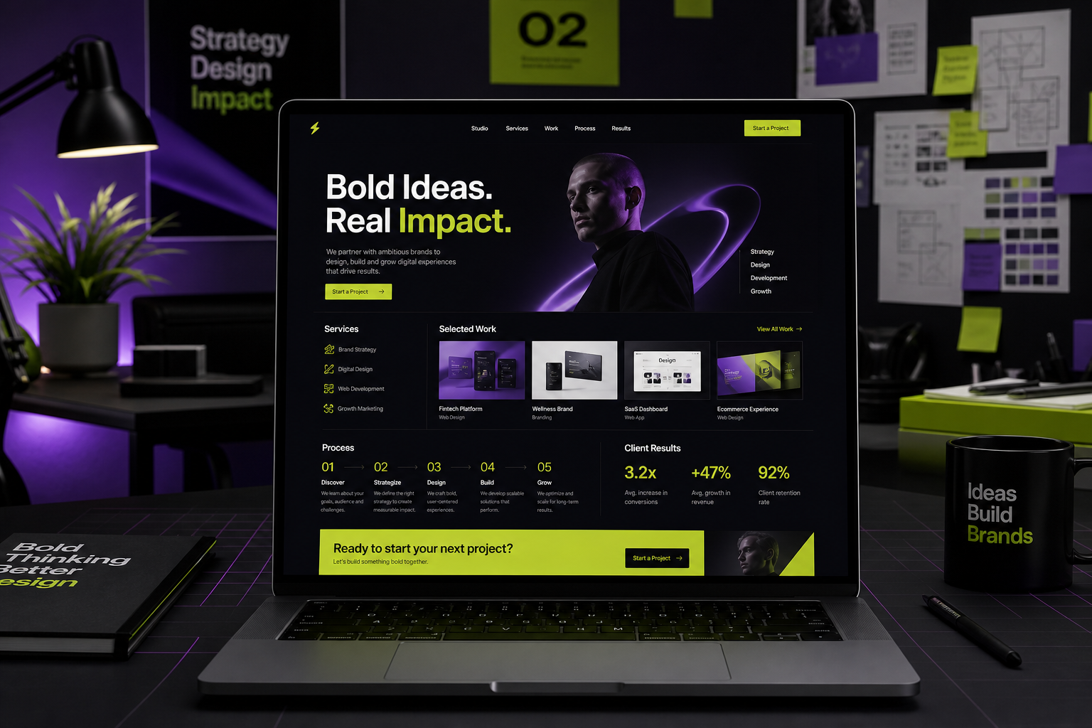 Premium agency website displayed in a creative studio