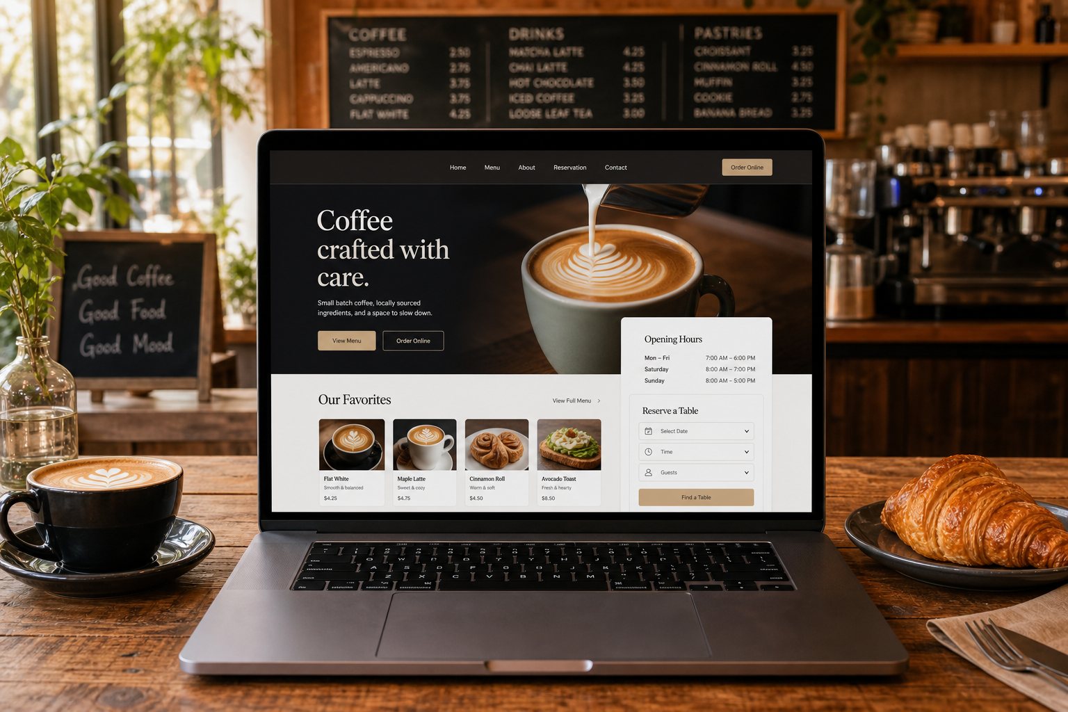 Premium cafe website displayed in an artisan coffee shop