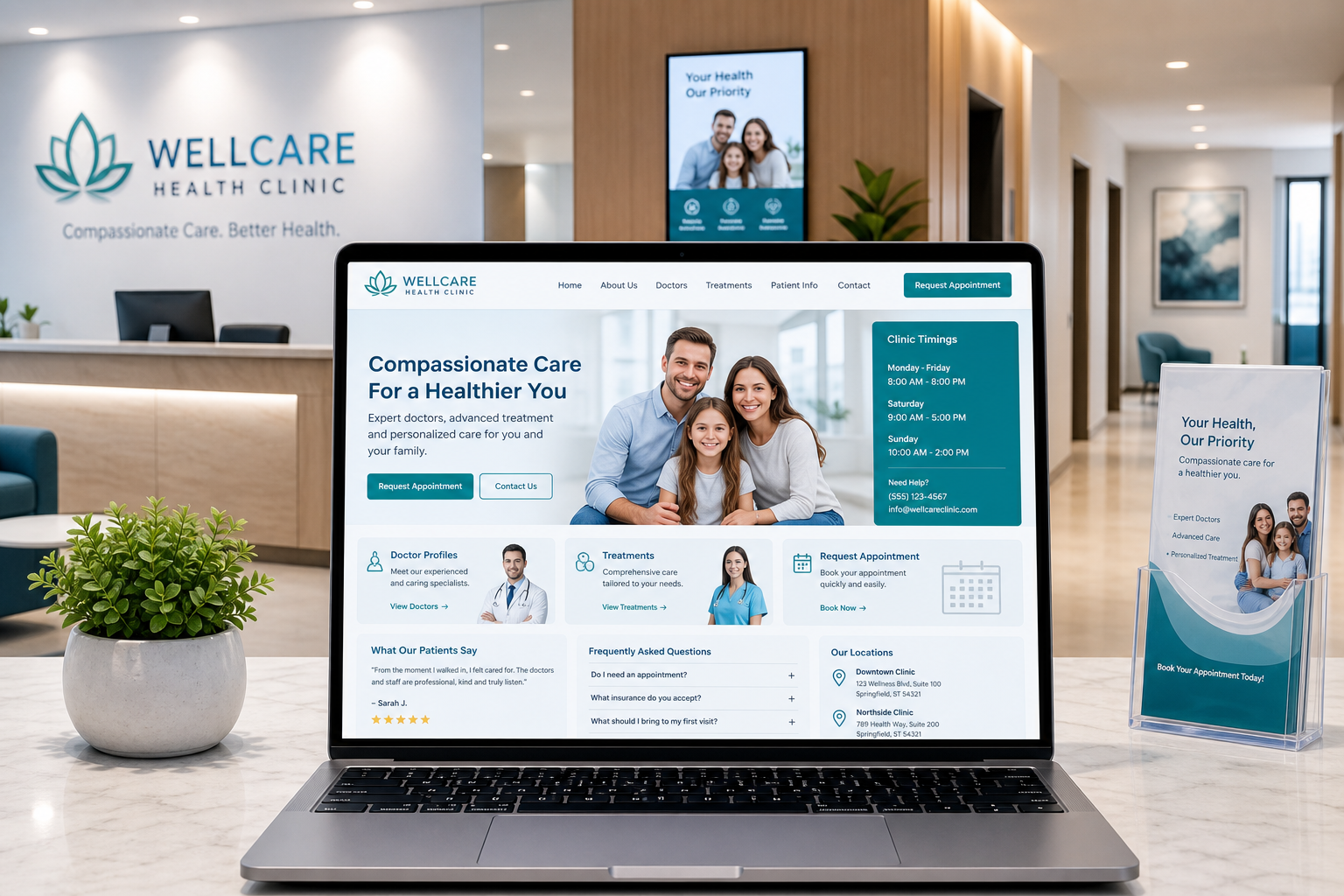 Premium clinic website displayed at a modern reception