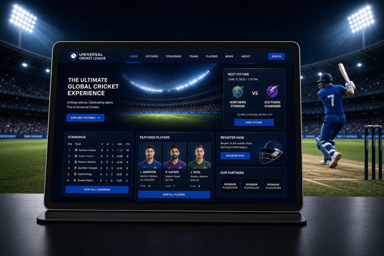Premium cricket league website displayed in a stadium