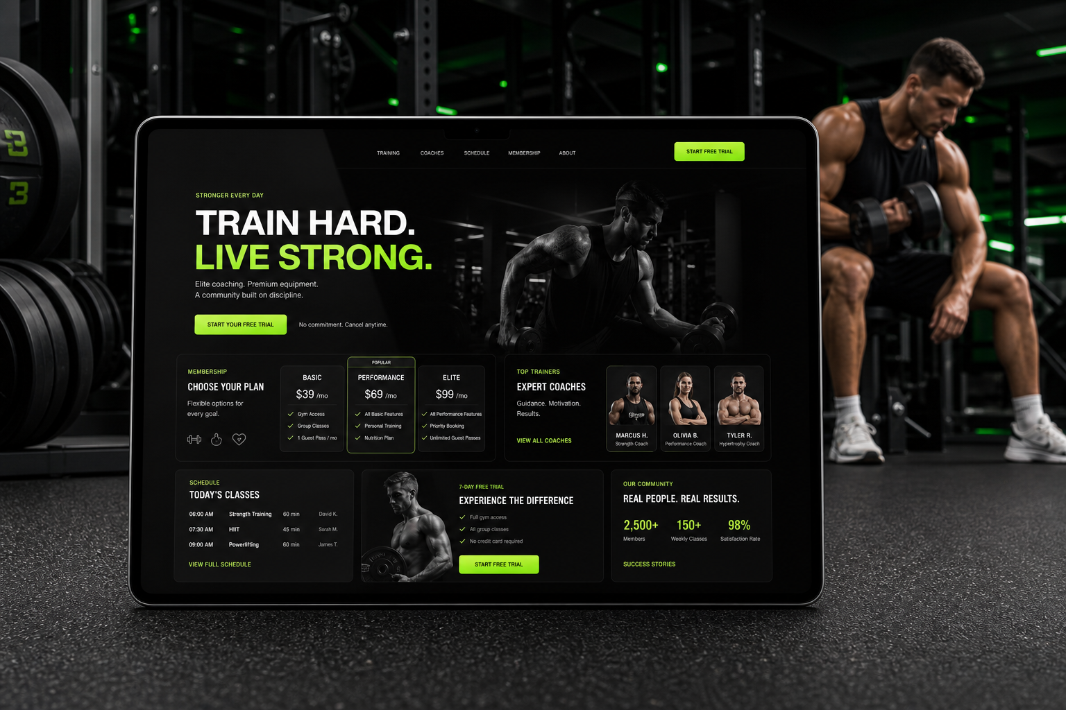 Premium fitness website displayed in a modern gym