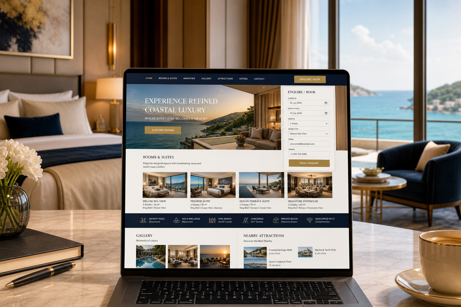 Premium hotel website displayed in a luxury suite