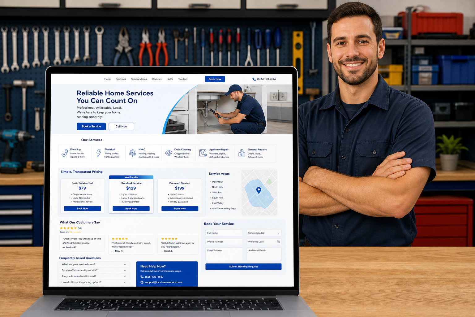 Premium local service website displayed in a professional workshop