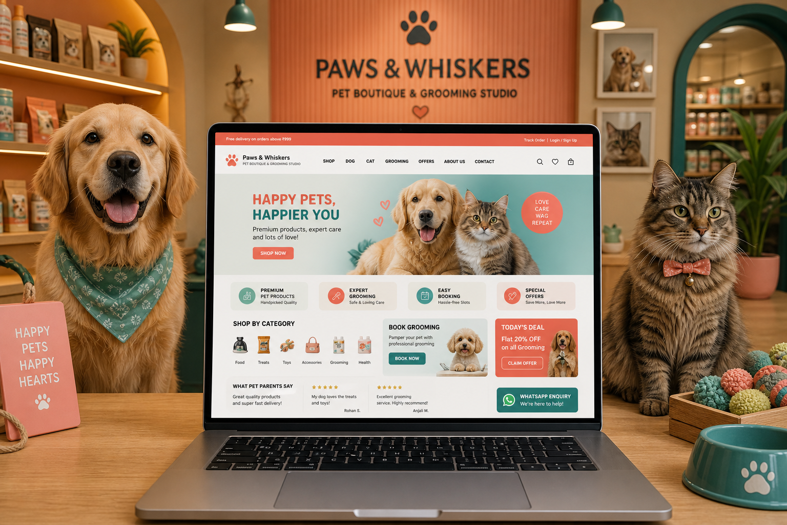 Premium pet shop website displayed in a pet boutique