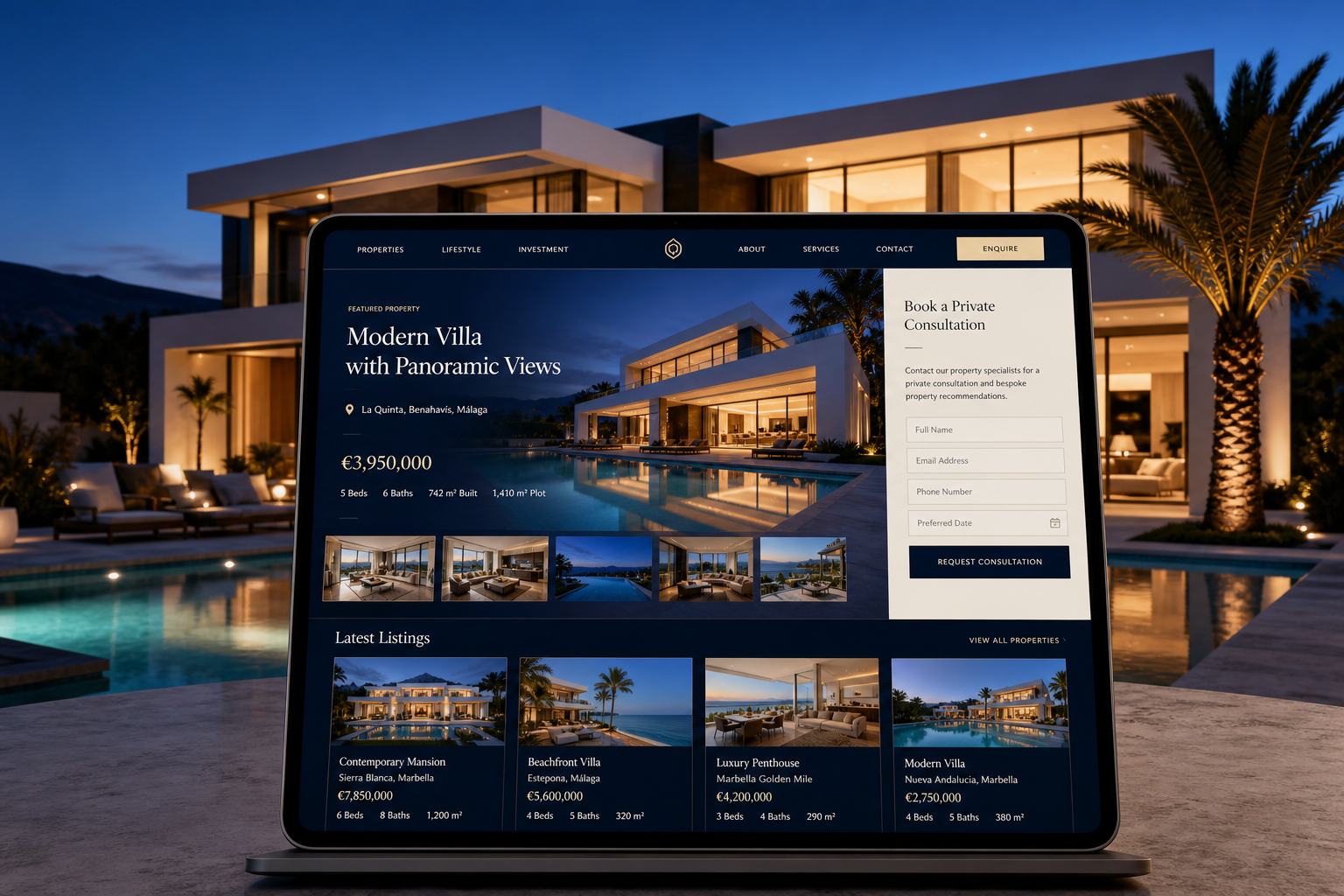 Premium property website displayed against a luxury villa