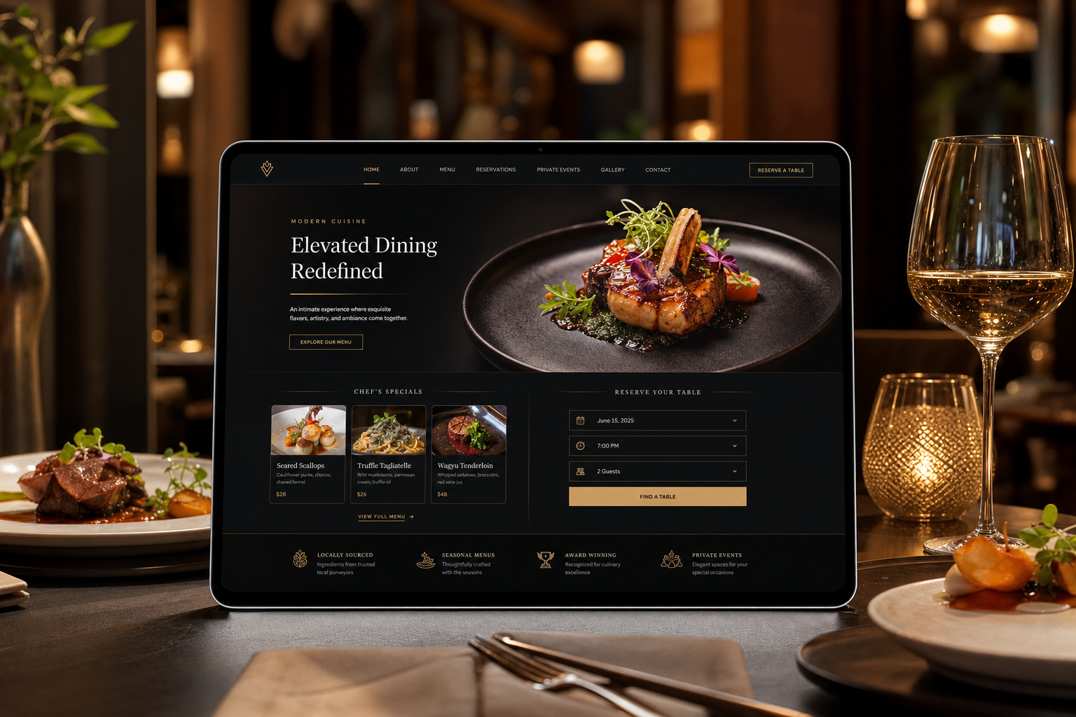 Premium restaurant website displayed against a fine dining background