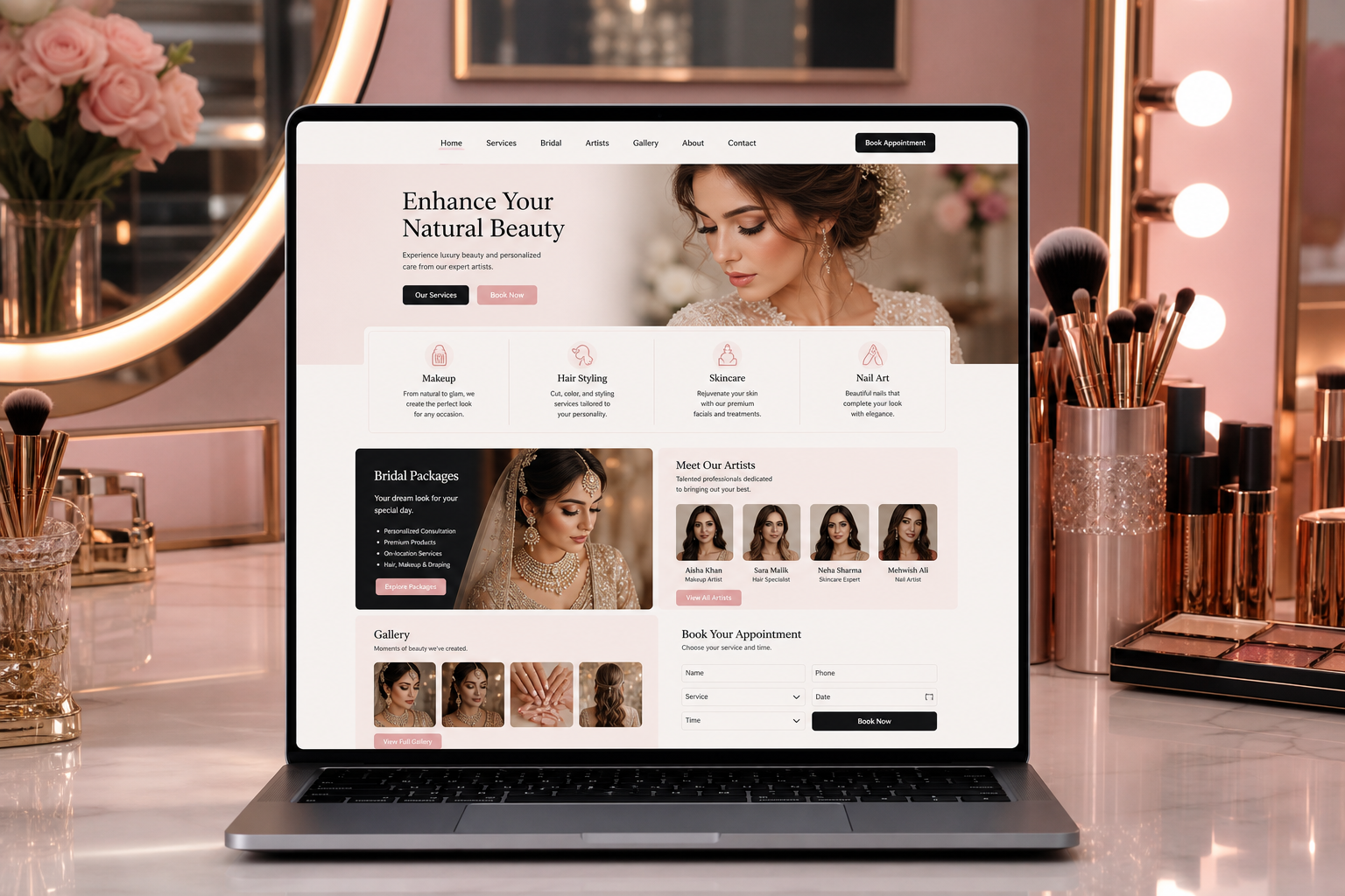 Premium beauty website displayed in a salon studio