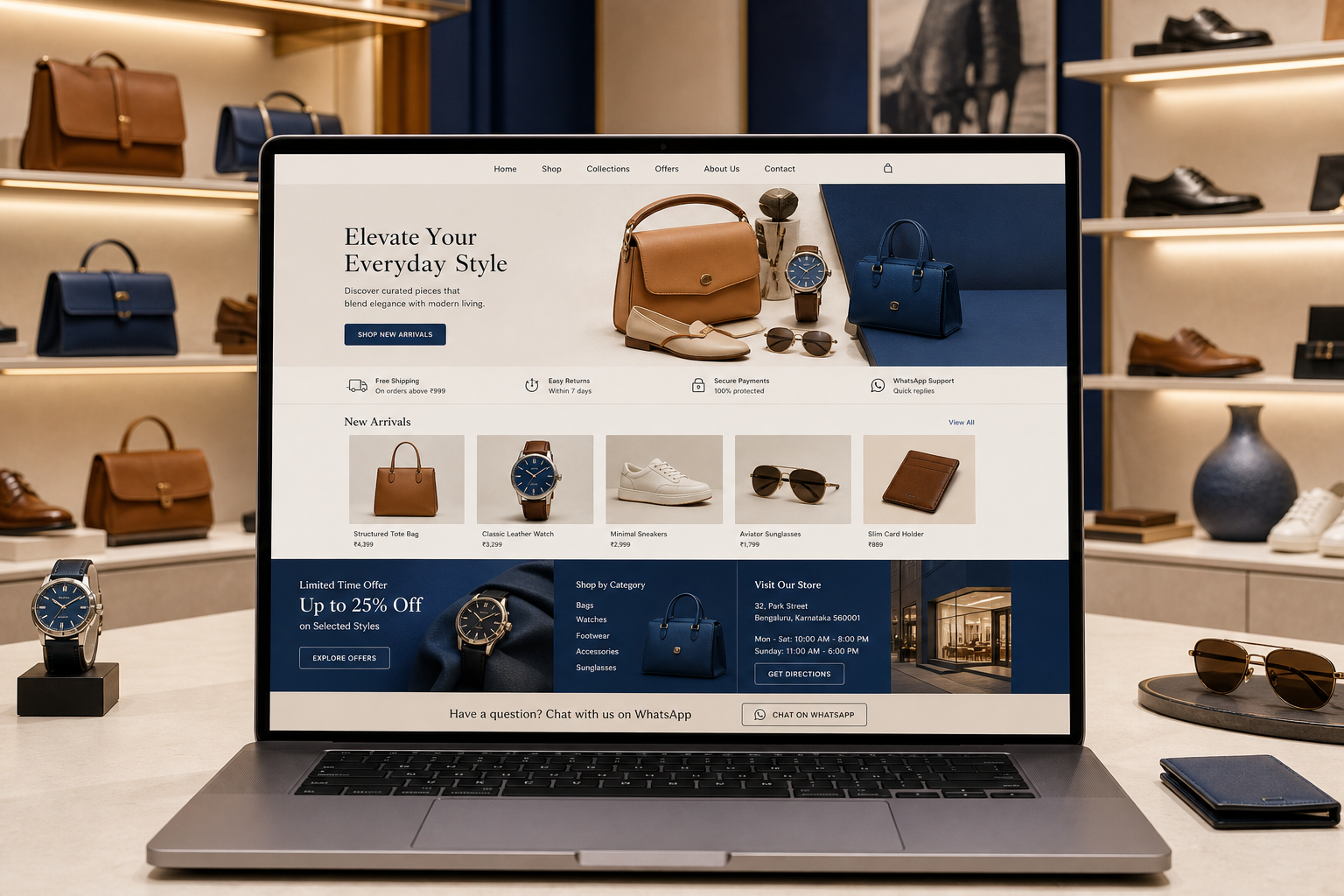 Premium shop website displayed in a modern boutique