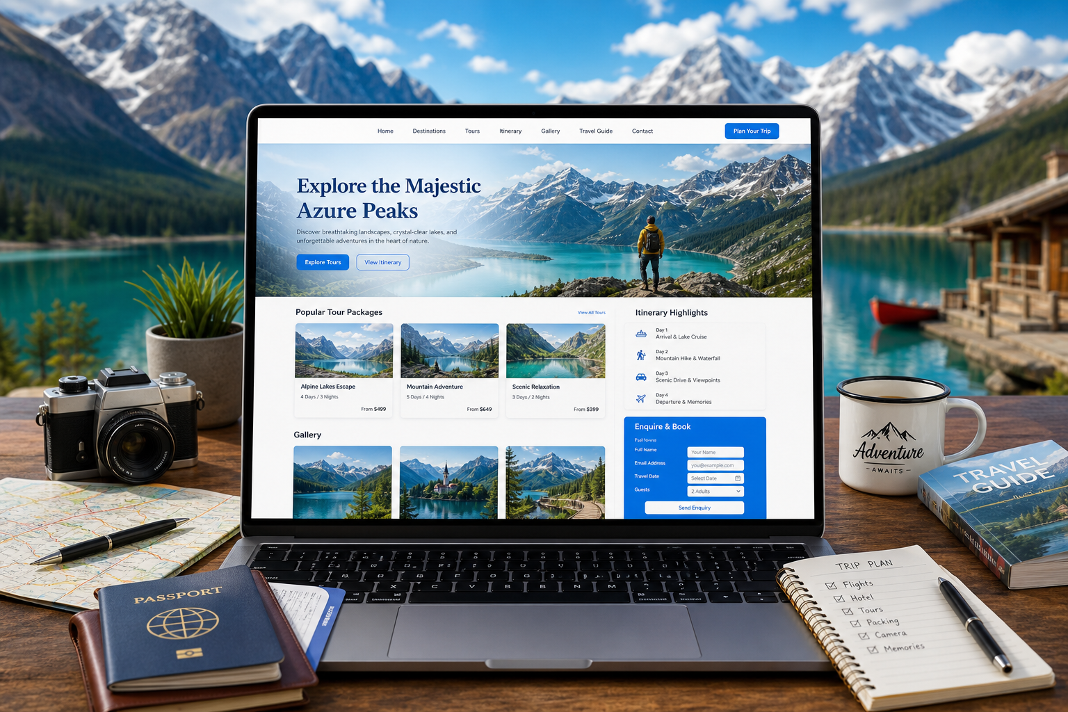 Premium travel website displayed against a mountain destination