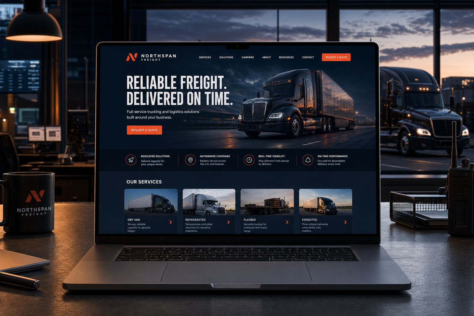 Premium trucking and logistics website displayed in a professional dispatch office