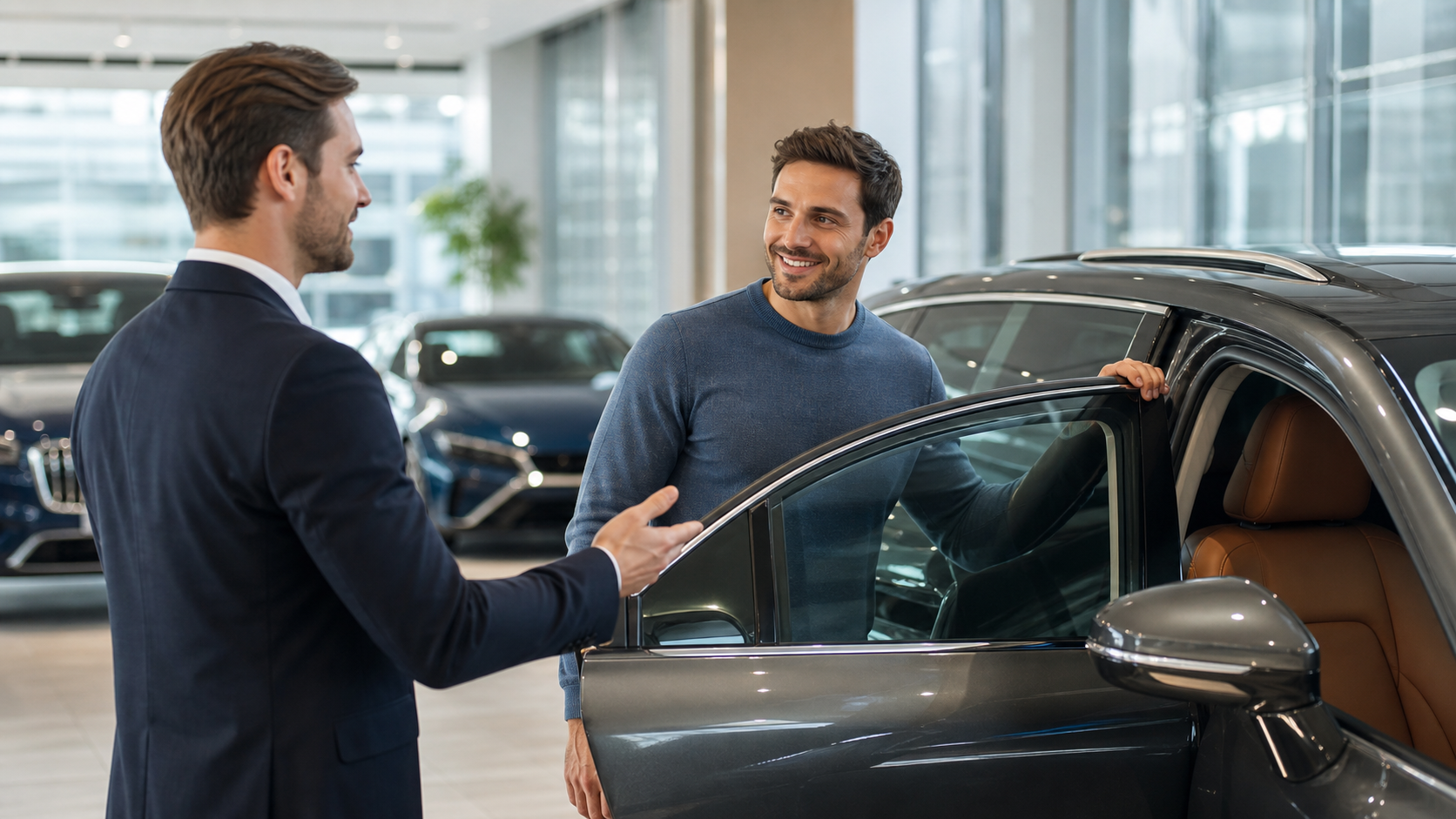 Customer discussing a vehicle with a showroom advisor