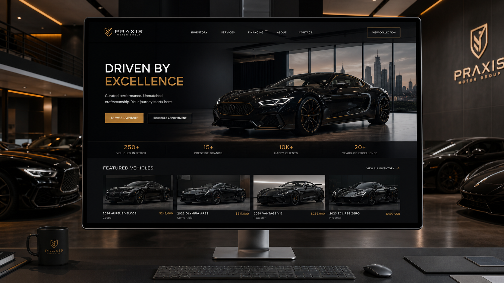 Premium car dealer website in a luxury showroom