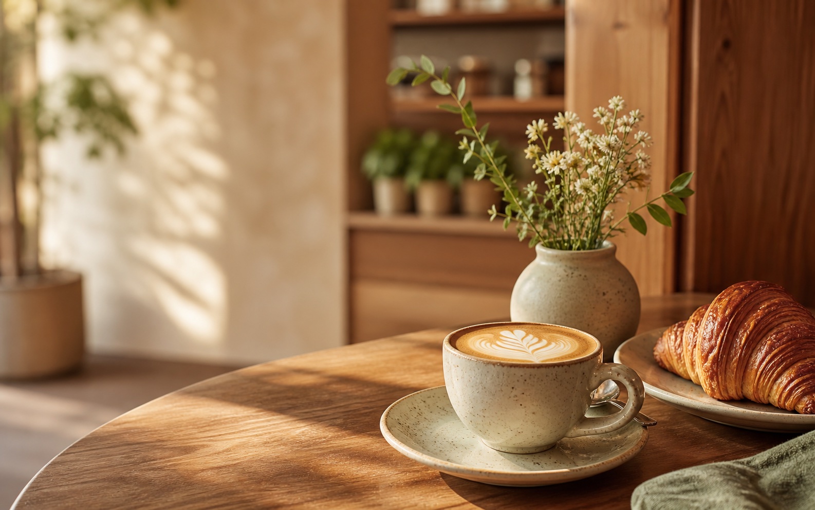Latte and fresh croissants at Brew and Bloom cafe