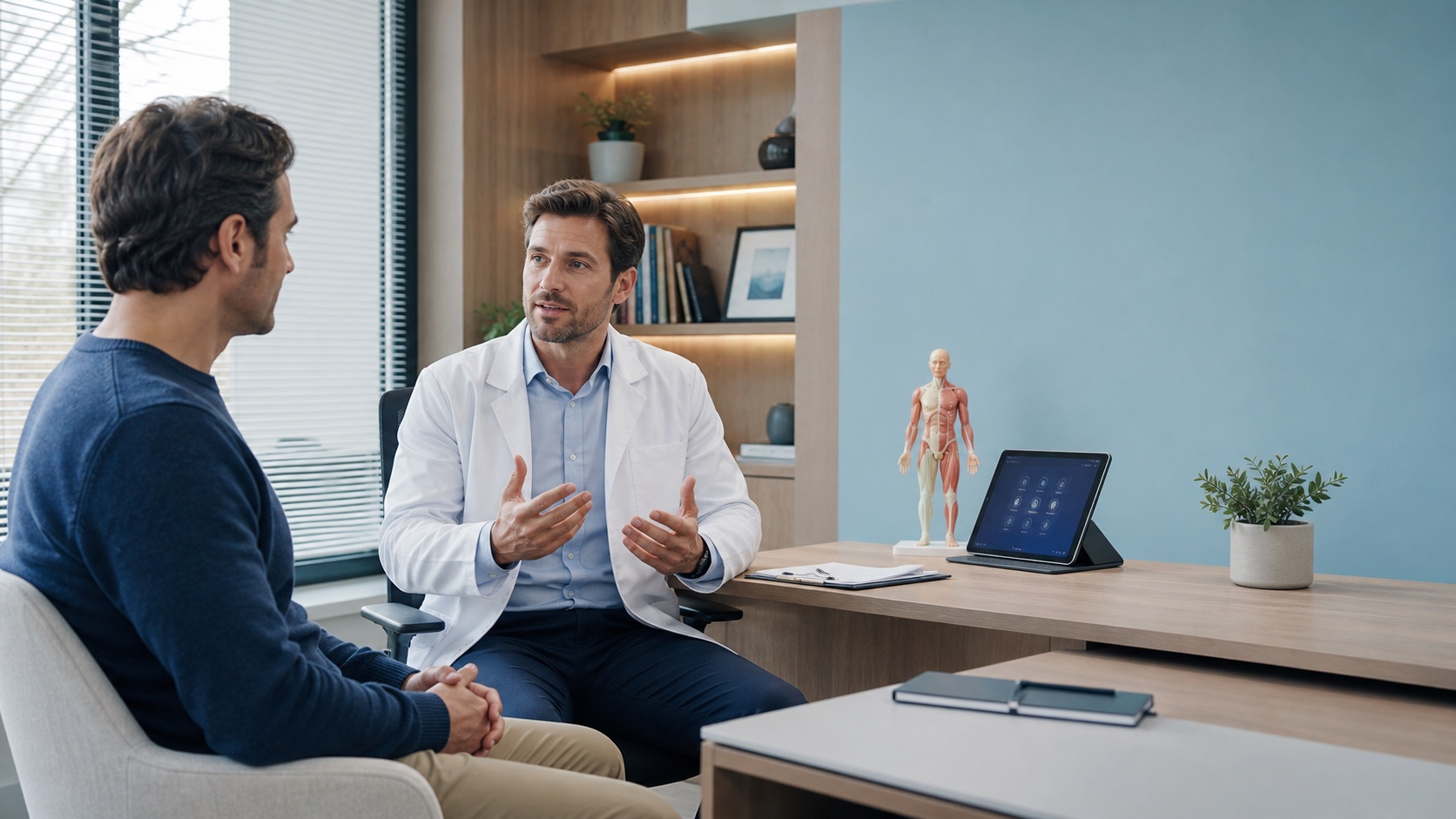 Fictional doctor having a calm consultation conversation