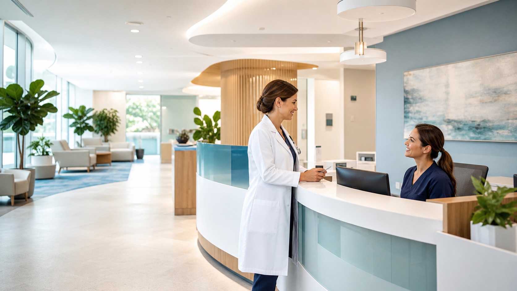 Bright fictional premium clinic reception with a doctor and receptionist