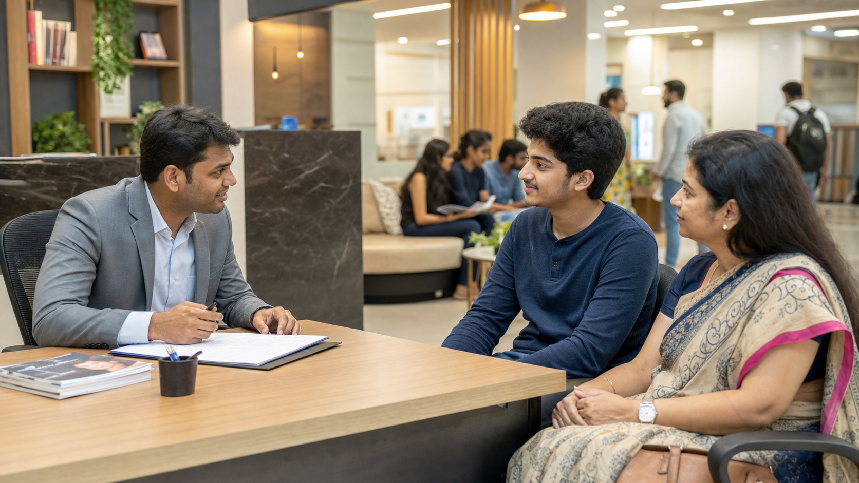 Student and parent discussing admission with an academy counsellor