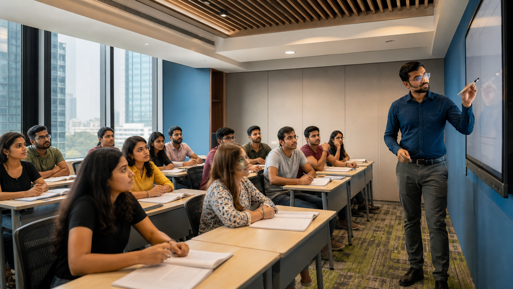 Teacher guiding students in a modern coaching classroom