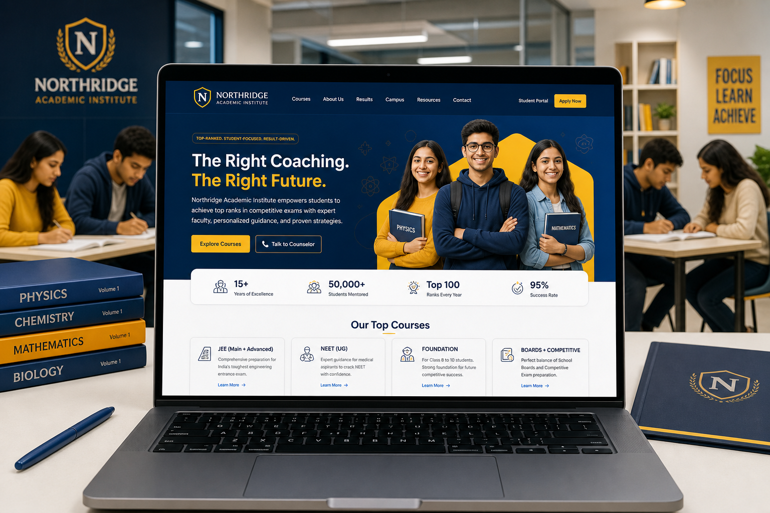 Premium coaching institute website in a modern learning studio