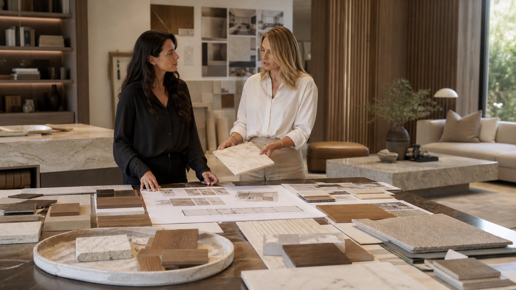 Interior designers reviewing materials, samples and floor plans