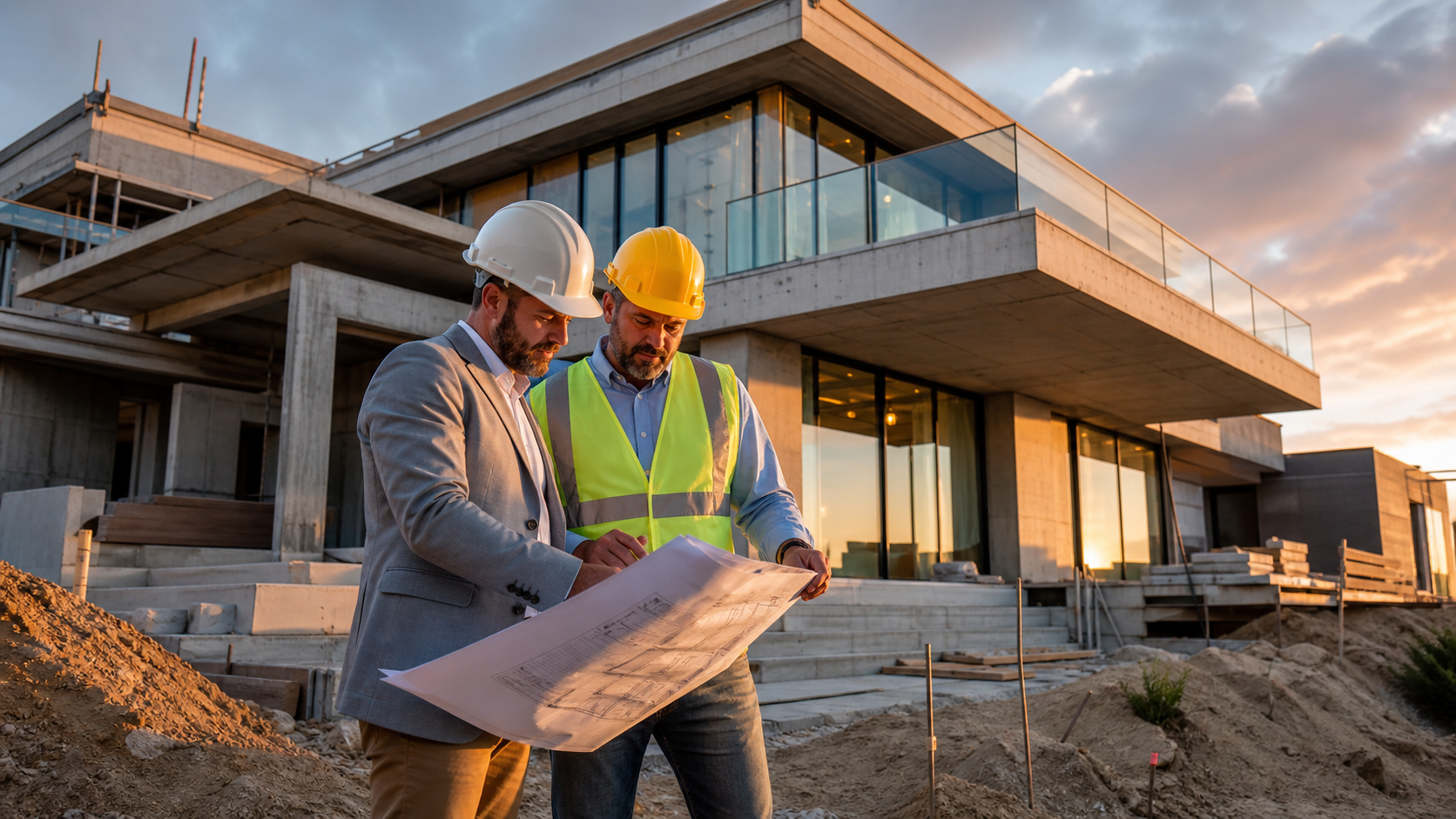 Architects reviewing plans at a modern construction site