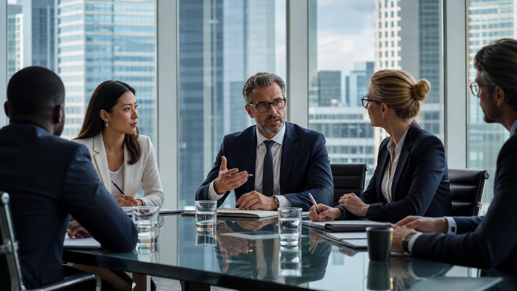 Leadership team in a premium corporate boardroom