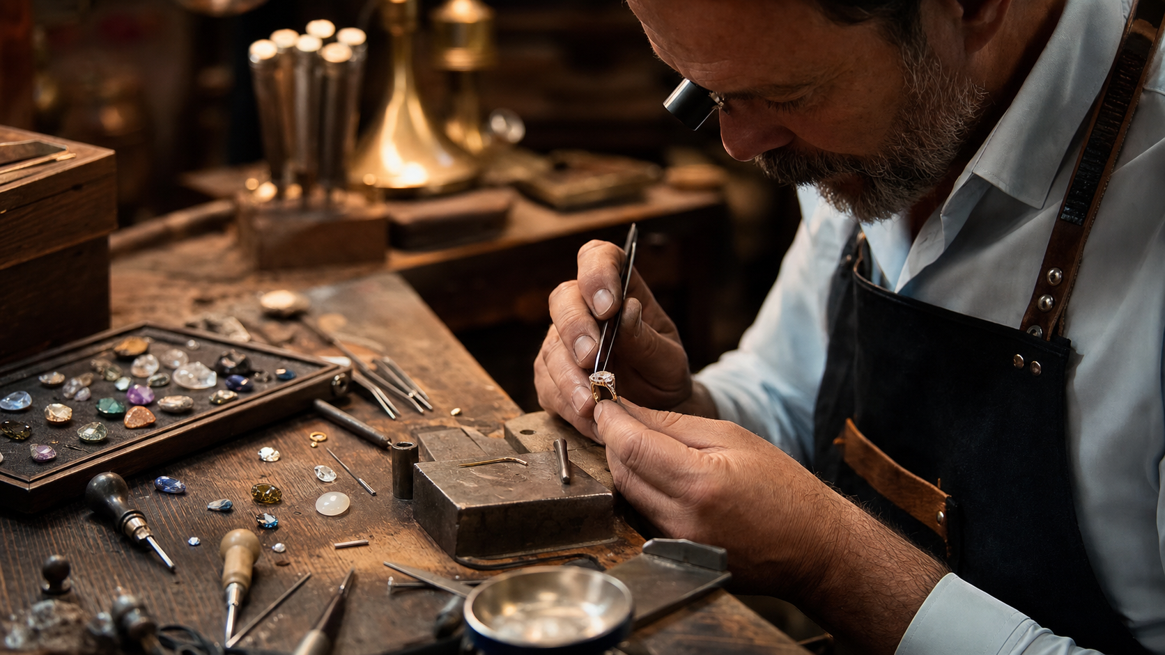 Jeweller carefully setting a gemstone by hand