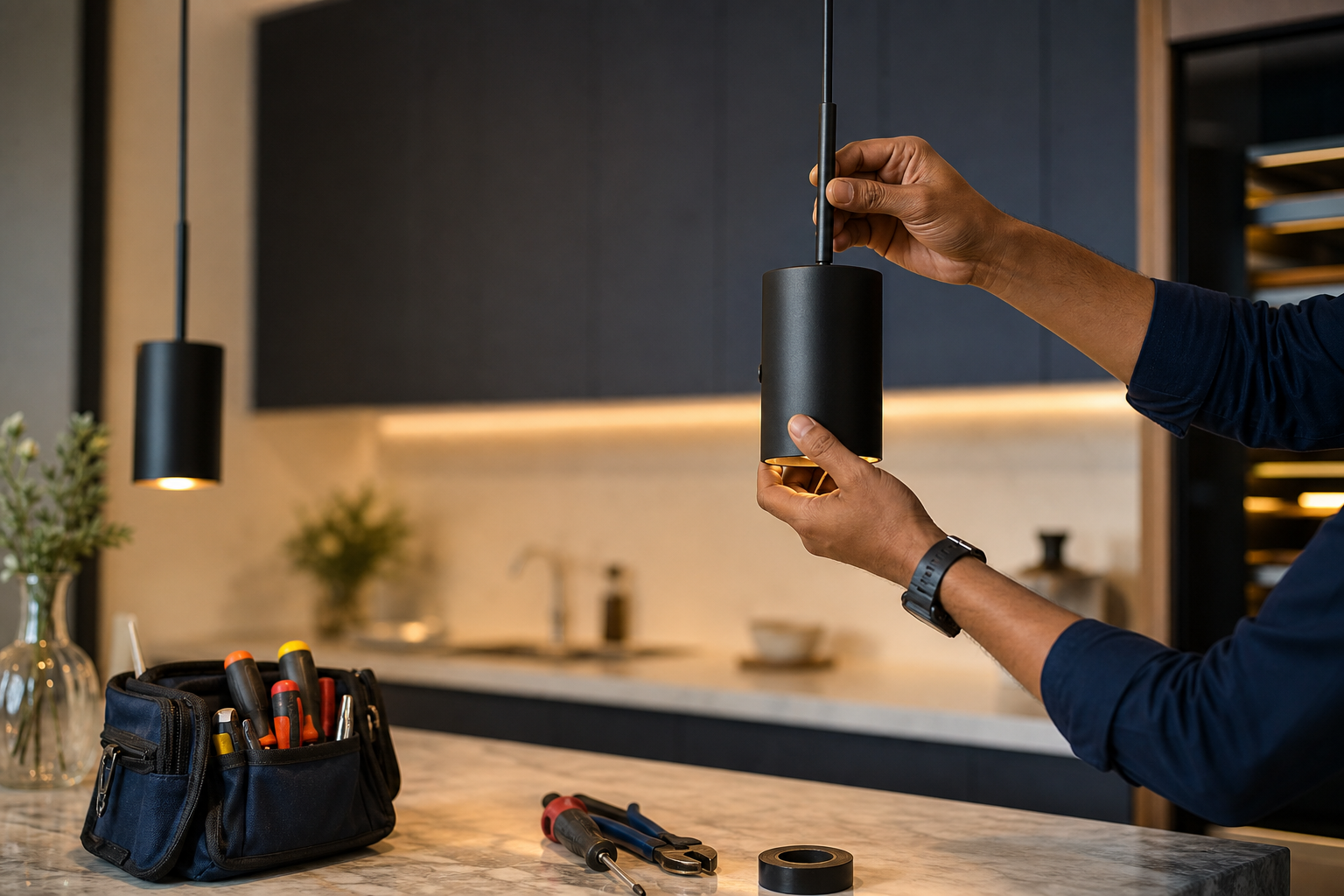 Electrician installing premium pendant lighting