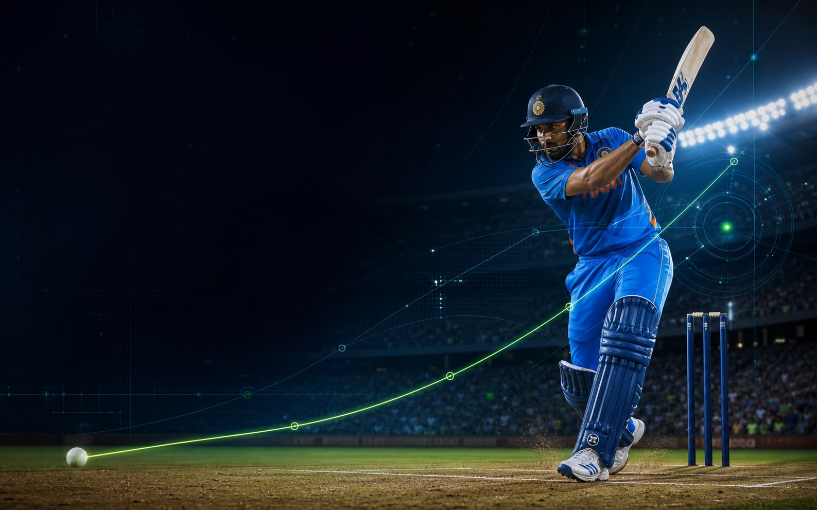 Fictional cricket website demo visual with a batter under stadium lights